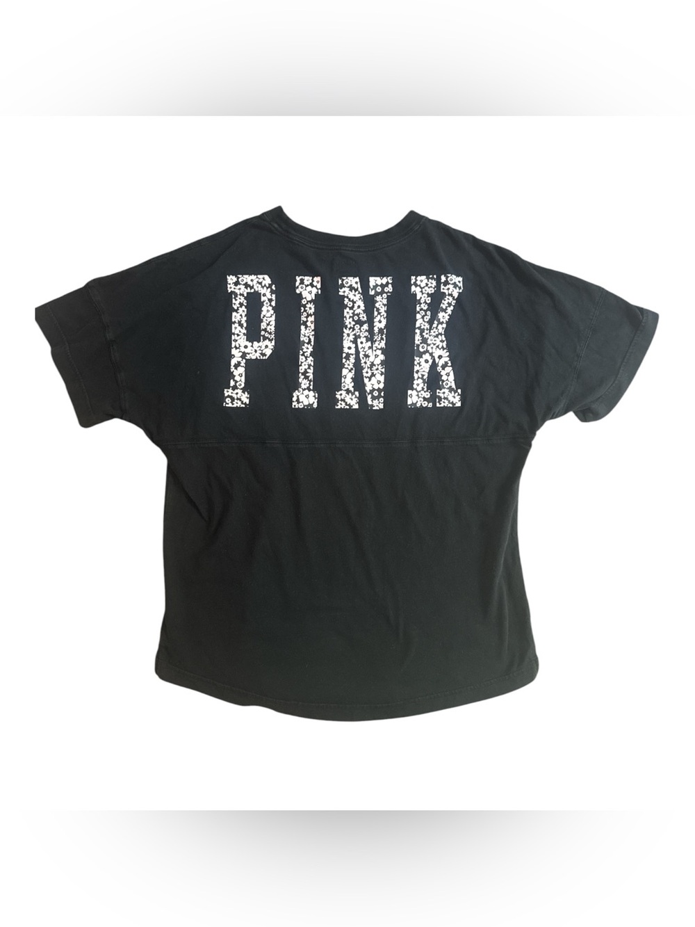 PINK Victoria's Secret Black Tee with White Floral Logo Front Pocket Oversized